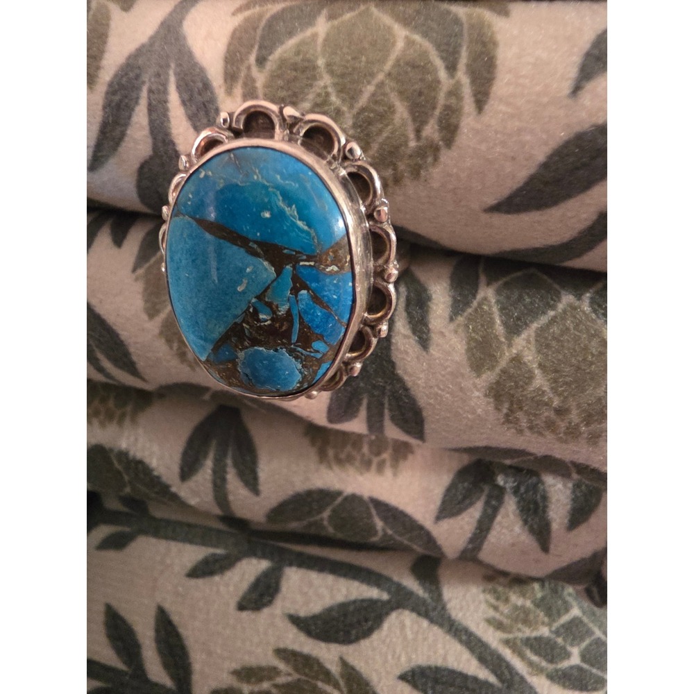 Sterling Silver 925 Turquoise Composite Scalloped Oval Statement Ring Size 9